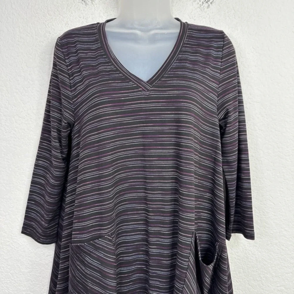 Kozan Shirt Womens Small Black‎ Purple Striped Lagenlook Boho Athleisure Tunic